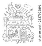 Cute kawaii cafe store building with bunny and cat printable coloring page