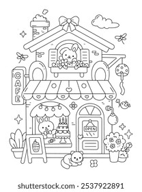 Cute kawaii cafe store building with bunny and cat printable coloring page