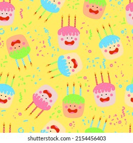 cute kawaii cakes with candles isolated quirky characters with face eyes cheeks and smile vector seamless pattern with confetti