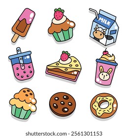 Cute kawaii cakes and drinks doodle vector illustration