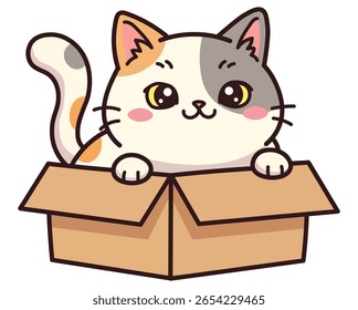 Cute kawaii calico cat peeking out of a cardboard box. Funny "if it fits, I sits" meme concept. Adorable cartoon vector character for stickers, moving announcements, and pet adoption themes. Isolated 