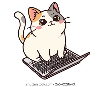 Gato calico kawaii bonito sentado em um teclado de laptop. Trabalho divertido de casa (WFH) e conceito freelancer. Personagem de vetor adorável de desenhos animados para adesivos, blogs e humor de escritório. Isolado no verso branco