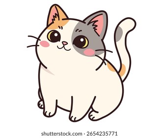 A cute kawaii calico cat sitting and looking up with a happy, hopeful expression. Adorable cartoon character, perfect for stickers, nursery art, pet adoption themes, and as a friendly mascot. Vector i