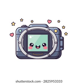 Cute Kawaii Camera Character with Smiling Face Hearts and Stars Illustration