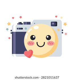 Cute Kawaii Camera Illustration with Smiling Emoji and Hearts for Photography Enthusiasts