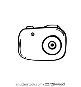 Cute kawaii camera smiling and winking. Cartoon character photographic equipment. T shirt design element. Pink and blue camera icon. Small mirrorless camera. Vector illustration, flat, clip art.