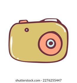 Cute kawaii camera smiling and winking. Cartoon character photographic equipment. T shirt design element. Pink and blue camera icon. Small mirrorless camera. Vector illustration, flat, clip art.