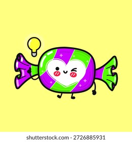 Personagem doce kawaii bonito piscando e apontando para uma lâmpada iluminada acima de seu dedo, divertida embalagem listrada, expressão alegre simbolizando uma ideia brilhante