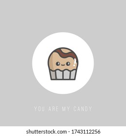 Cute Kawaii Candy. St Valentine's day theme. Love, romantic concept. Japanese cartoon manga style. Funny anime character with face. Trendy Vector illustration. Greeting Card with text