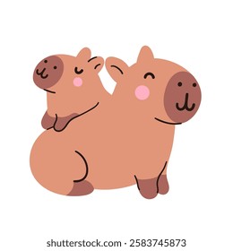 Cute kawaii capybara and baby capybara, isolated on white background. Funny sticker for the decoration of a card, poster, banner, diary. Vector illustration, simple flat design