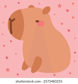 Cute kawaii capybara character on pink tender background cute capybara sitting