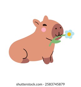 Cute kawaii capybara chewing a flower, isolated on white background. Funny sticker for the decoration of a card, poster, banner, diary. Vector illustration, simple flat design