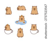 Cute kawaii capybara collection, vector illustration