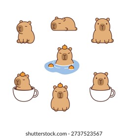 Cute kawaii capybara collection, vector illustration