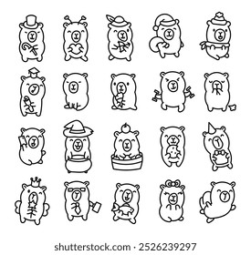 Cute kawaii capybara. Coloring Page. Funny cartoon animal character. Vector drawing. Collection of design elements.