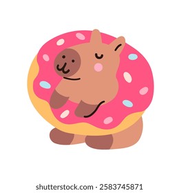 Cute kawaii capybara in a donut shaped floater, isolated on white background. Funny sticker for the decoration of a card, poster, banner, diary. Vector illustration, simple flat design