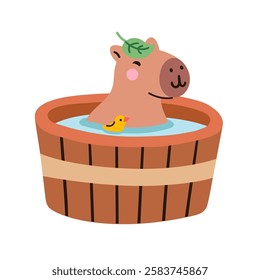 Cute kawaii capybara enjoys bathing in barrel of water, isolated on white background. Funny sticker for the decoration of a card, poster, banner, diary. Vector illustration, simple flat design