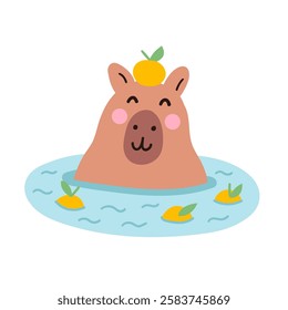 Cute kawaii capybara enjoys bathing in a puddlee isolated on white background. Funny sticker for the decoration of a card, poster, banner, diary. Vector illustration, simple flat design