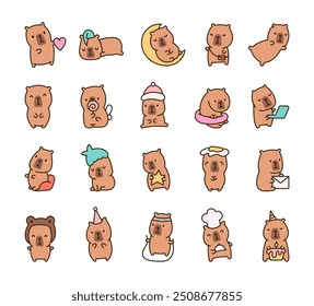 Cute kawaii capybara. Funny cartoon character. Hand drawn style. Vector drawing. Collection of design elements.