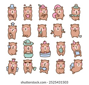 Cute kawaii capybara. Funny cartoon animal character. Vector drawing. Collection of design elements.