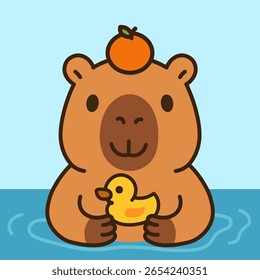Bela kawaii capybara abraçando um pato de borracha amarelo enquanto toma banho, com um fruto yuzu em sua cabeça. Personagem adorável simbolizando amizade, bondade e alegrias simples. Ilustração vetorial perfeita para nu