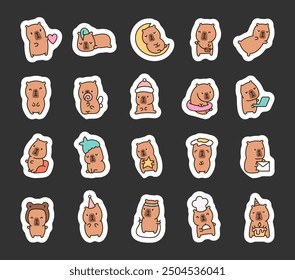 Cute kawaii capybara. Sticker Bookmark. Funny cartoon character. Hand drawn style. Vector drawing. Collection of design elements.