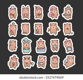 Cute kawaii capybara. Sticker Bookmark. Funny cartoon animal character. Vector drawing. Collection of design elements.