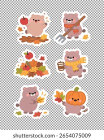 Cute kawaii capybara stickers doing fun autumn activities like leaf raking, pumpkin picking, and more. Great for planners, crafts, and seasonal art.