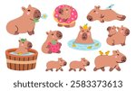 Cute kawaii capybaras set. Capybara characters, relaxing, eating, swimming in the water, sleeping, walking, bathing. Vector illustrations, simple flat mascots collection isolated on white background