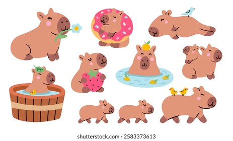 Cute kawaii capybaras set. Capybara characters, relaxing, eating, swimming in the water, sleeping, walking, bathing. Vector illustrations, simple flat mascots collection isolated on white background