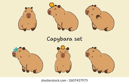Cute kawaii capybaras set. Capybara characters, relaxing, swimming in the water, sleeping, walking. Vector doodles hand drawn, simple flat mascots collection