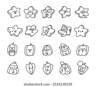 Cute kawaii carambola. Coloring Page. Funny tropical fruit. Vector drawing. Collection of design elements.