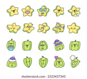 Cute kawaii carambola. Funny tropical fruit. Vector drawing. Collection of design elements.