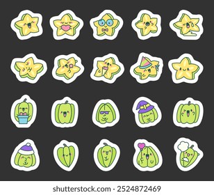 Cute kawaii carambola. Sticker Bookmark. Funny tropical fruit. Vector drawing. Collection of design elements.