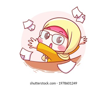 Cute and kawaii Career Hijab Women Get Tired of Work and Throw Paper Manga Chibi Illustration