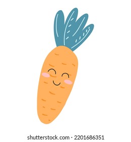 Cute kawaii carrot in cartoon flat style. Hand drawn vector illustration of healthy vegetable with happy face, veggie character for poster, postcard, fabric print, stickers, web design