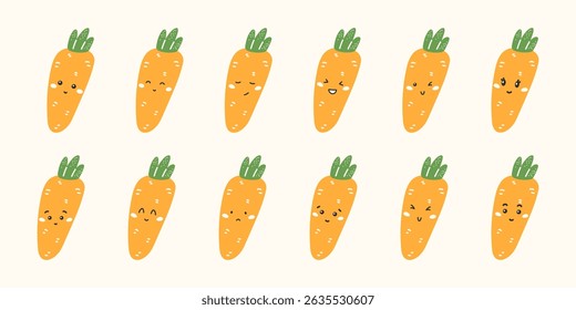 Cute kawaii carrot vector stickers with funny faces and emotions: happy, sad, angry, surprised. Flat characters for kids, education, and healthy eating designs