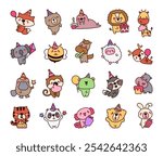 Cute kawaii cartoon animal characters for birthday and party celebration illustrations with fun hats and gifts