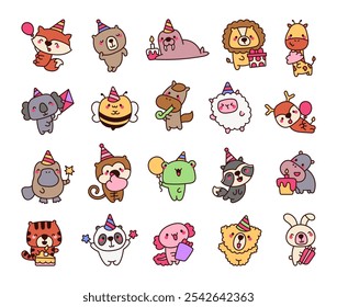 Personajes de animales de dibujos animados kawaii lindos para ilustraciones de cumpleaños y celebración de fiesta con divertidos sombreros y regalos