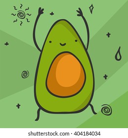 Cute kawaii cartoon avocado. Smiling and dancing vegetable character. Healthy food product. Vector illustration.
