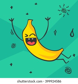 Cute kawaii cartoon banana. Smiling and dancing fruit character. Healthy food product. Vector illustration. 