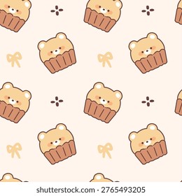 Cute Kawaii cartoon bear with cupcake seamless pattern illustration