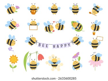 Cute kawaii cartoon bees character in various playful poses with flowers, honey pots, and cheerful banners. Flat hand drawn vector illustration