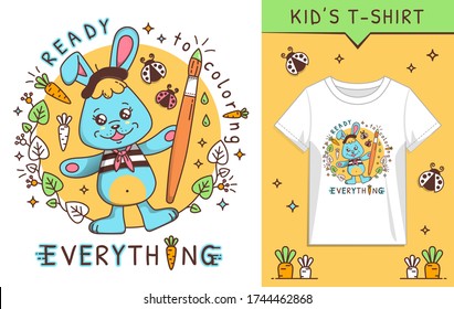Cute kawaii cartoon Bunny Rabbit with paint brush. T-Shirt design. Outline coloring page element. Beautiful kawaii vector illustration for t-shirt, greeting card/ poster/ sticker.