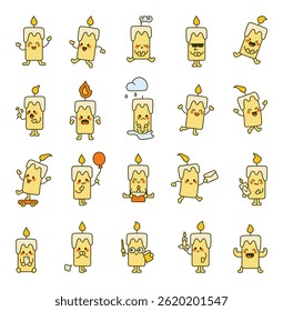 Cute kawaii cartoon candle characters with emotions activities expressions gestures and playful mascot outline fun design