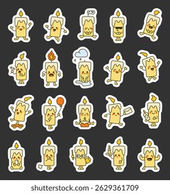 Cute kawaii cartoon candle characters with emotions activities expressions gestures and playful mascot outline fun design