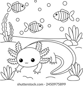 Cute kawaii cartoon character axolotl under lake coloring page, vector printable worksheets for preschool.