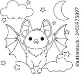 Cute kawaii cartoon character bat on the night sky coloring page, vector printable worksheets for preschool.