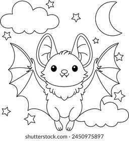 Lindo murciélago de dibujos animados kawaii en la página para colorear del cielo nocturno, hojas de trabajo imprimibles de Vector para preescolar.