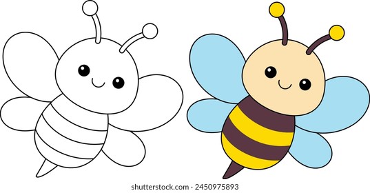 Cute kawaii cartoon character bee coloring page, vector printable worksheets for preschool.